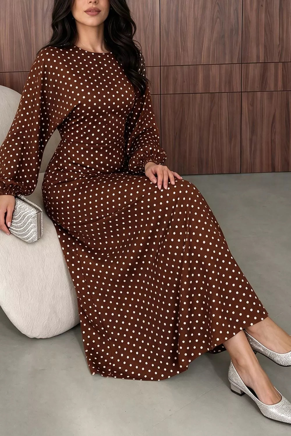 Polka Dot Long Sleeve Maxi Dress - Coffee Brown - View 3