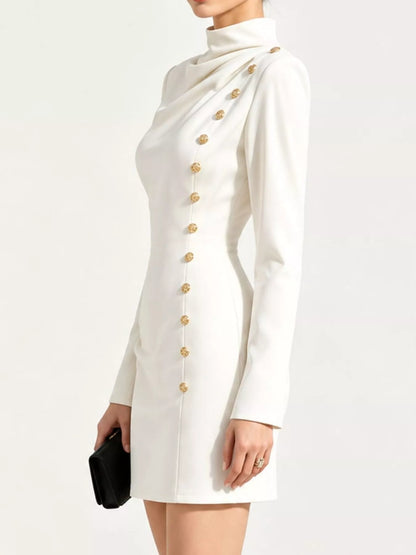 Full Size Decorative Button Mock Neck Mini Dress Plus Size - White - View 3