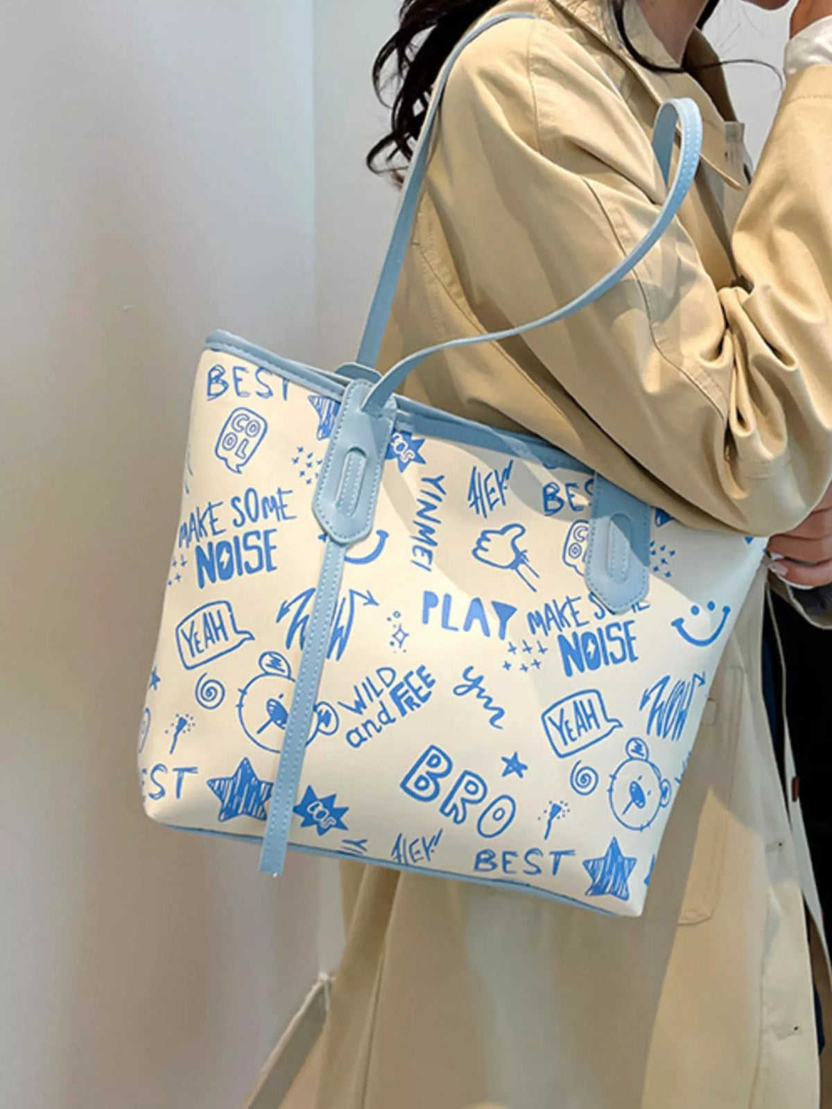 Graffiti Print Casual Tote Bag - Blue - View 16