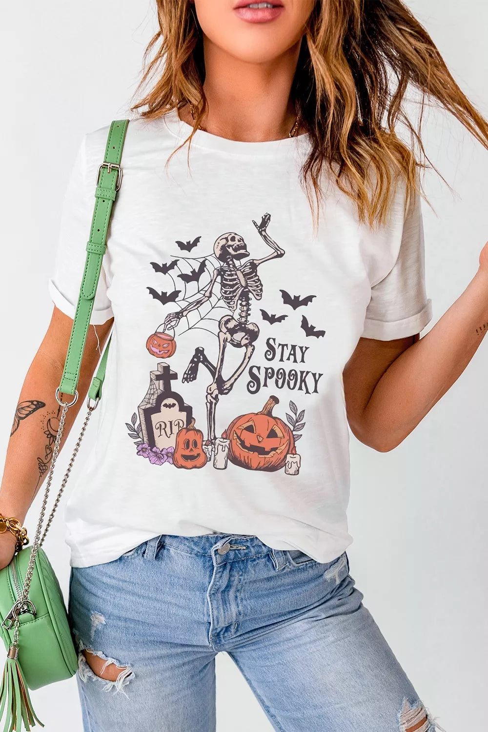 Full Size Skull Pumpkin Face STAY SPOOKY Graphic Halloween T Shirt Plus Size - All Colors - View 1