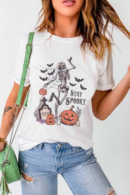 Full Size Skull Pumpkin Face STAY SPOOKY Graphic Halloween T Shirt Plus Size - All Colors - View 1