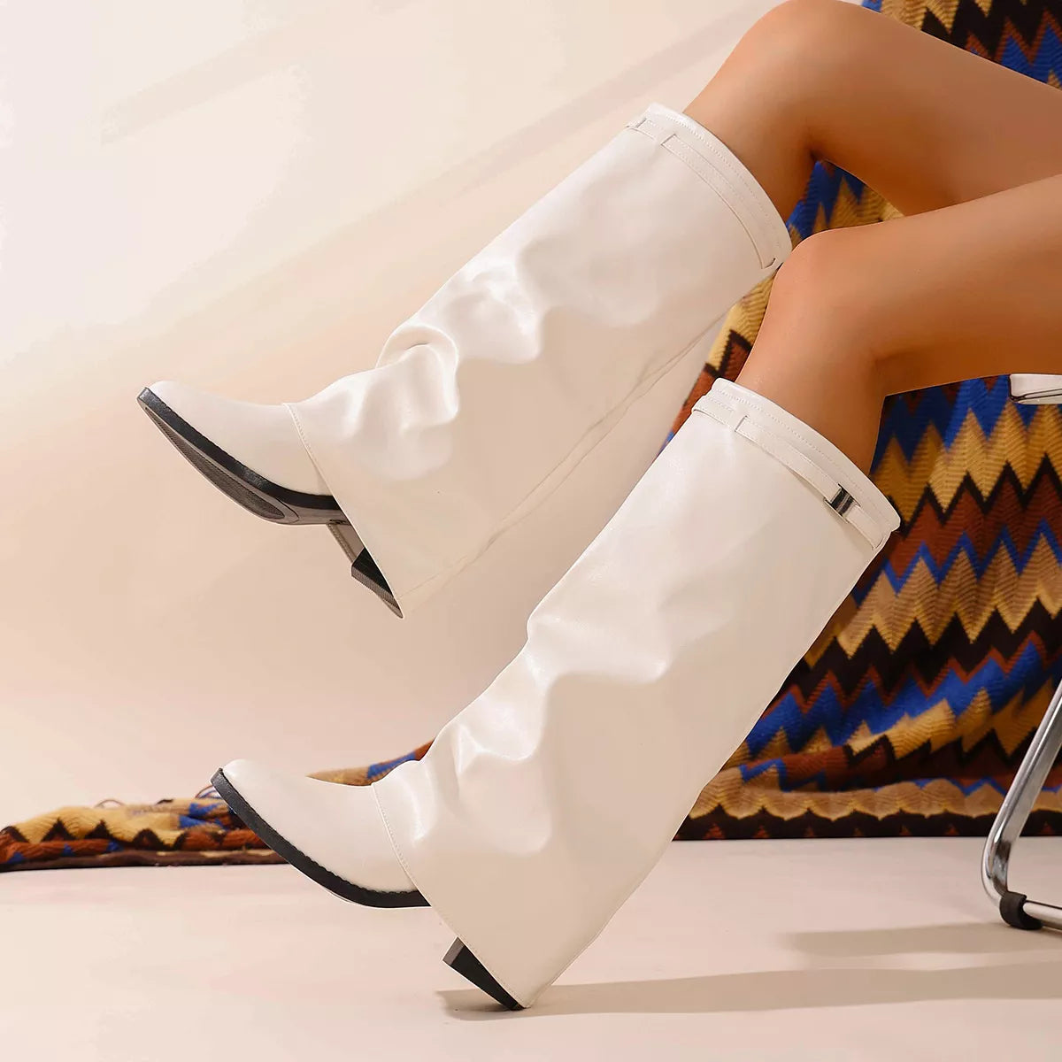 Point Toe Block Heel Boots - Beige - View 4