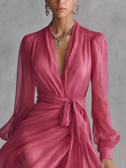 Long Sleeve Chiffon Wrap Maxi Dress with High Slit - Strawberry - View 2