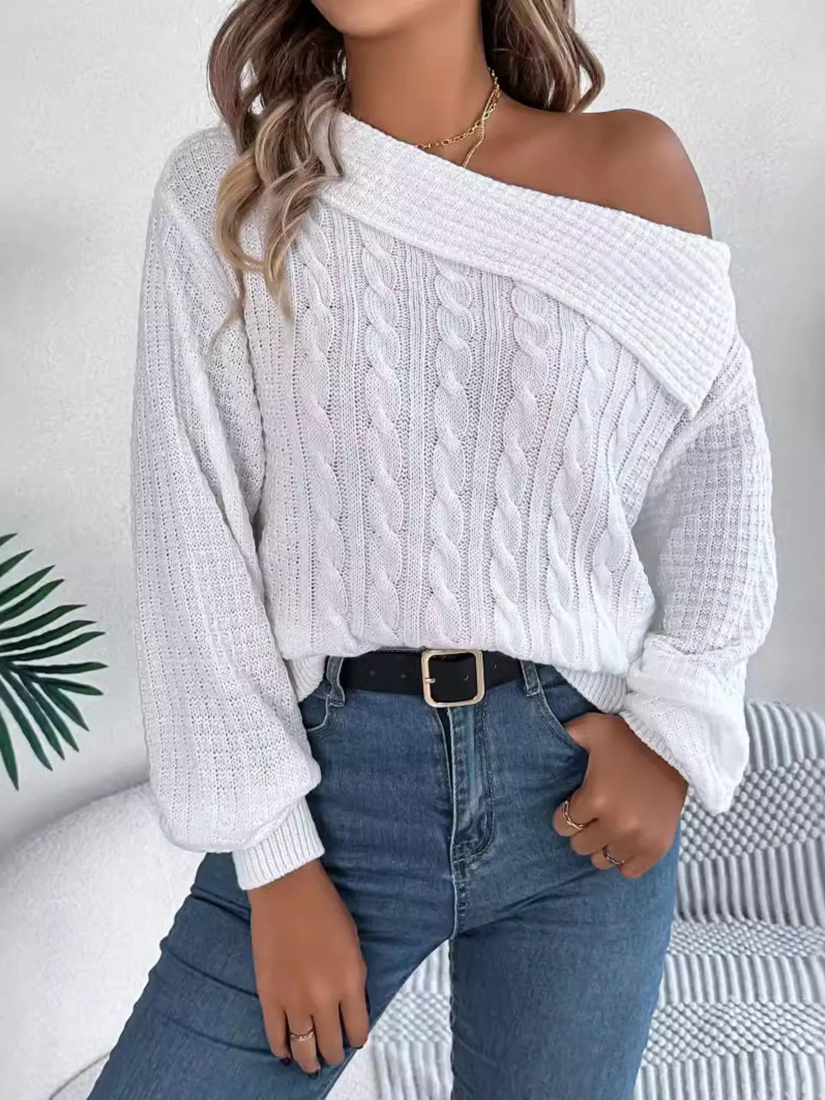 One Shoulder Cable Knit Sweater - White - View 1