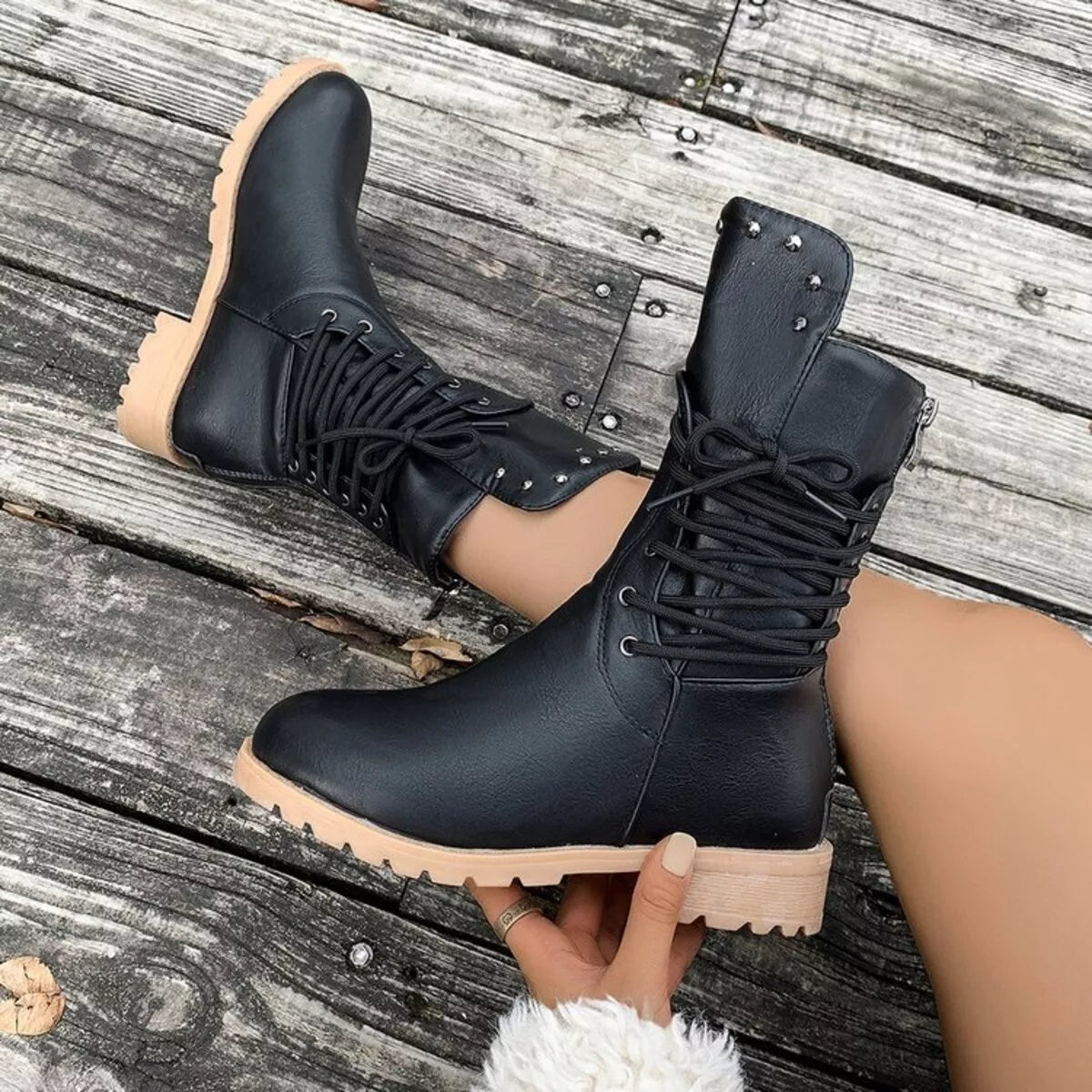 Lace Up Block Heels Boots - Black - View 4