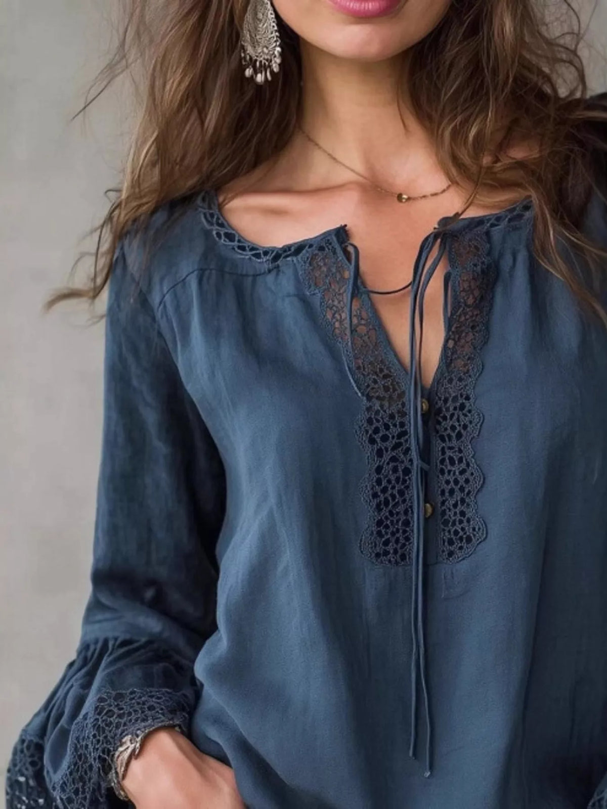 Full Size Tie Neck Flounce Sleeve Blouse Plus Size - Sea Blue - View 5