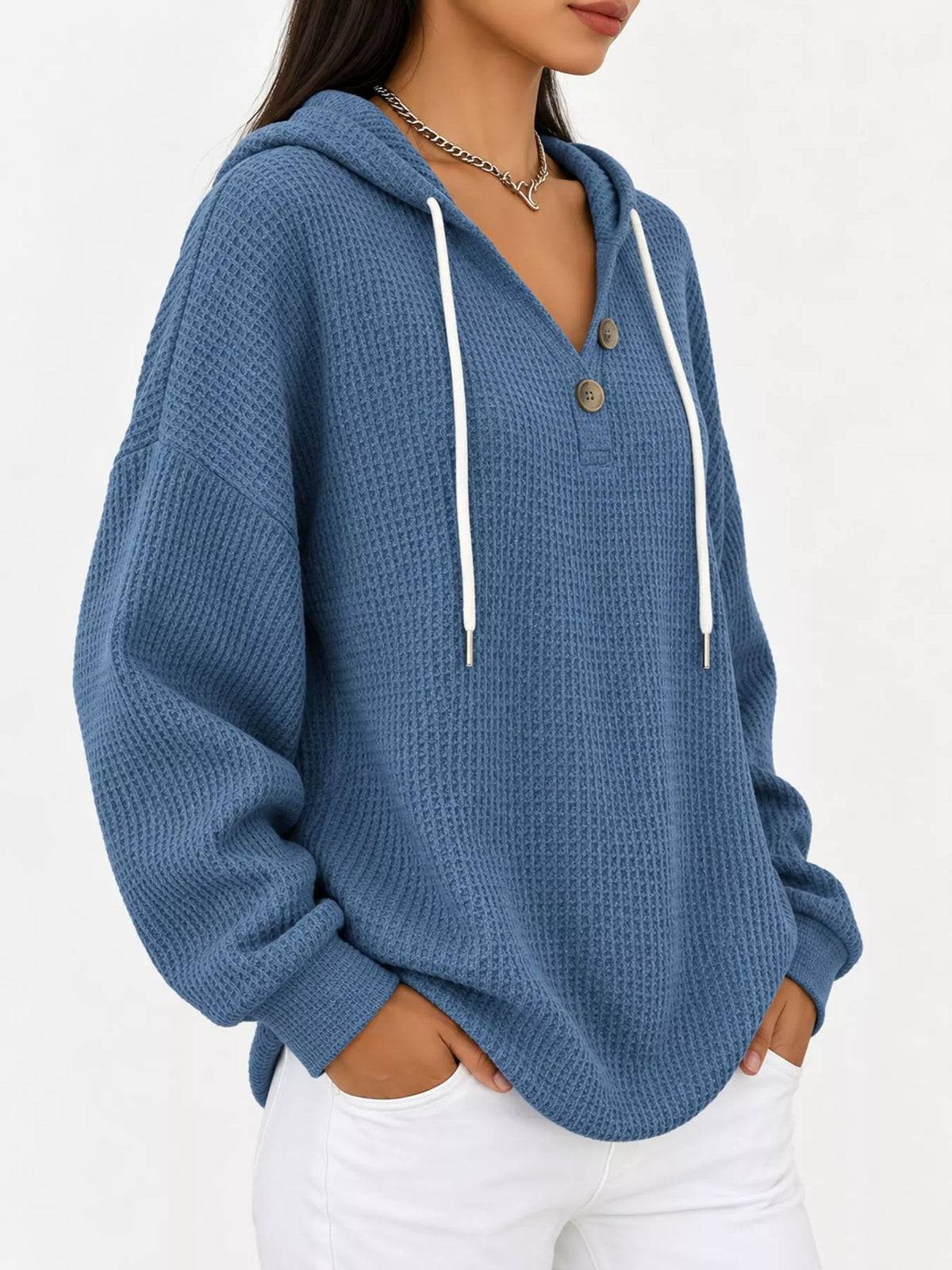 Full Size Waffle Knit Button Detail Hoodie Plus Size - Navy Blue - View 46