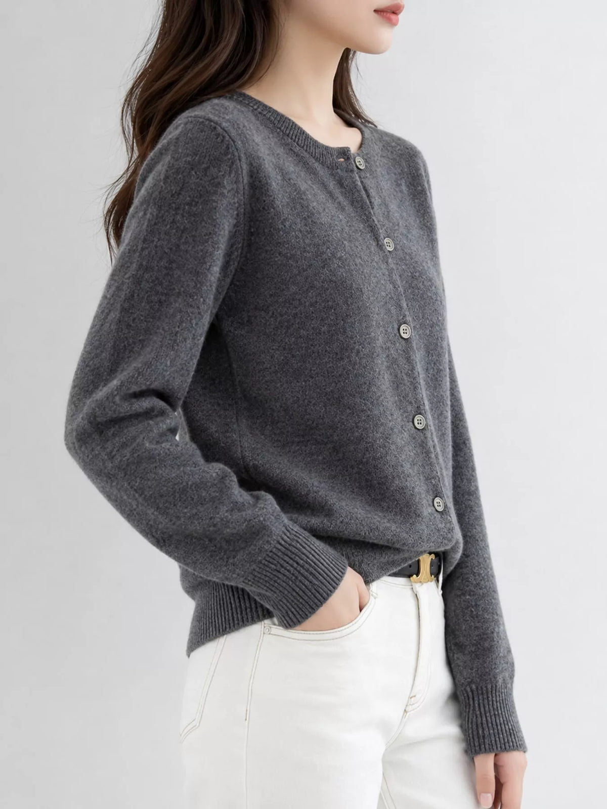 Crew-Neck Button-Down Cardigan - Dark Gray - View 46