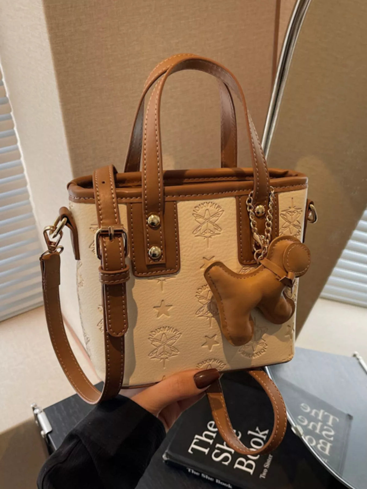 Embossed Pattern Dog Charm Crossbody Bag - Beige - View 2