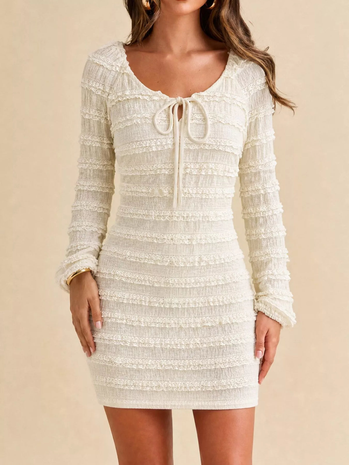 Textured Long-Sleeve Bodycon Mini Dress with Tie-Front - Apricot - View 3
