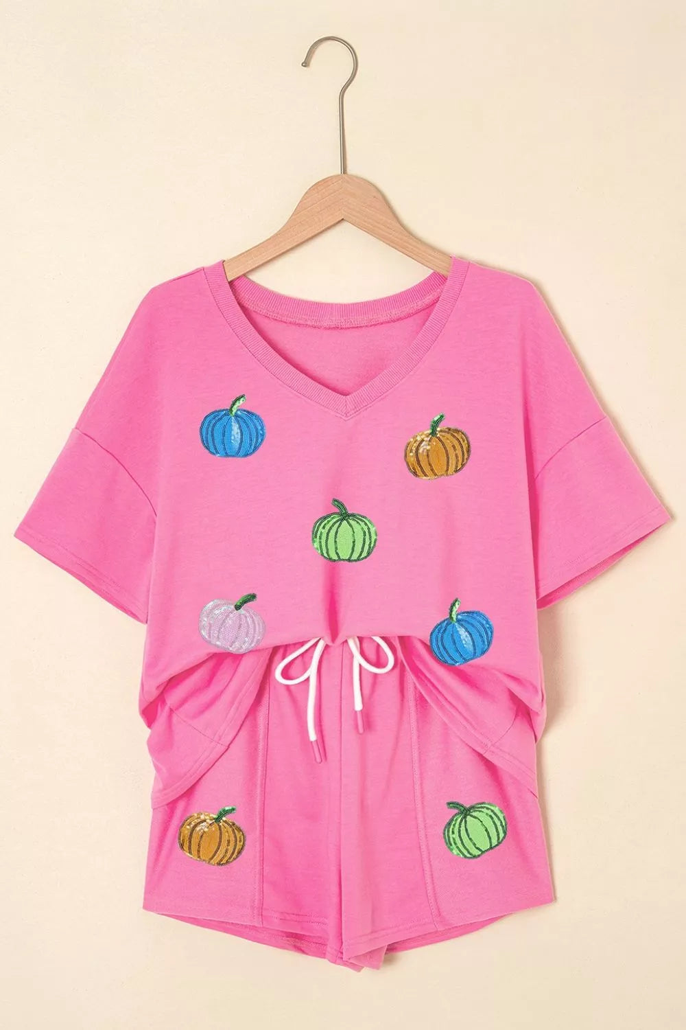 Sequin Halloween Pumpkin Pattern V Neck Tee and Drawstring Bottoms Casual Set - Fuchsia Pink - View 5