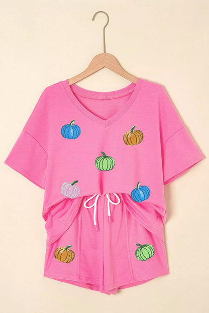Sequin Halloween Pumpkin Pattern V Neck Tee and Drawstring Bottoms Casual Set - Fuchsia Pink - View 5
