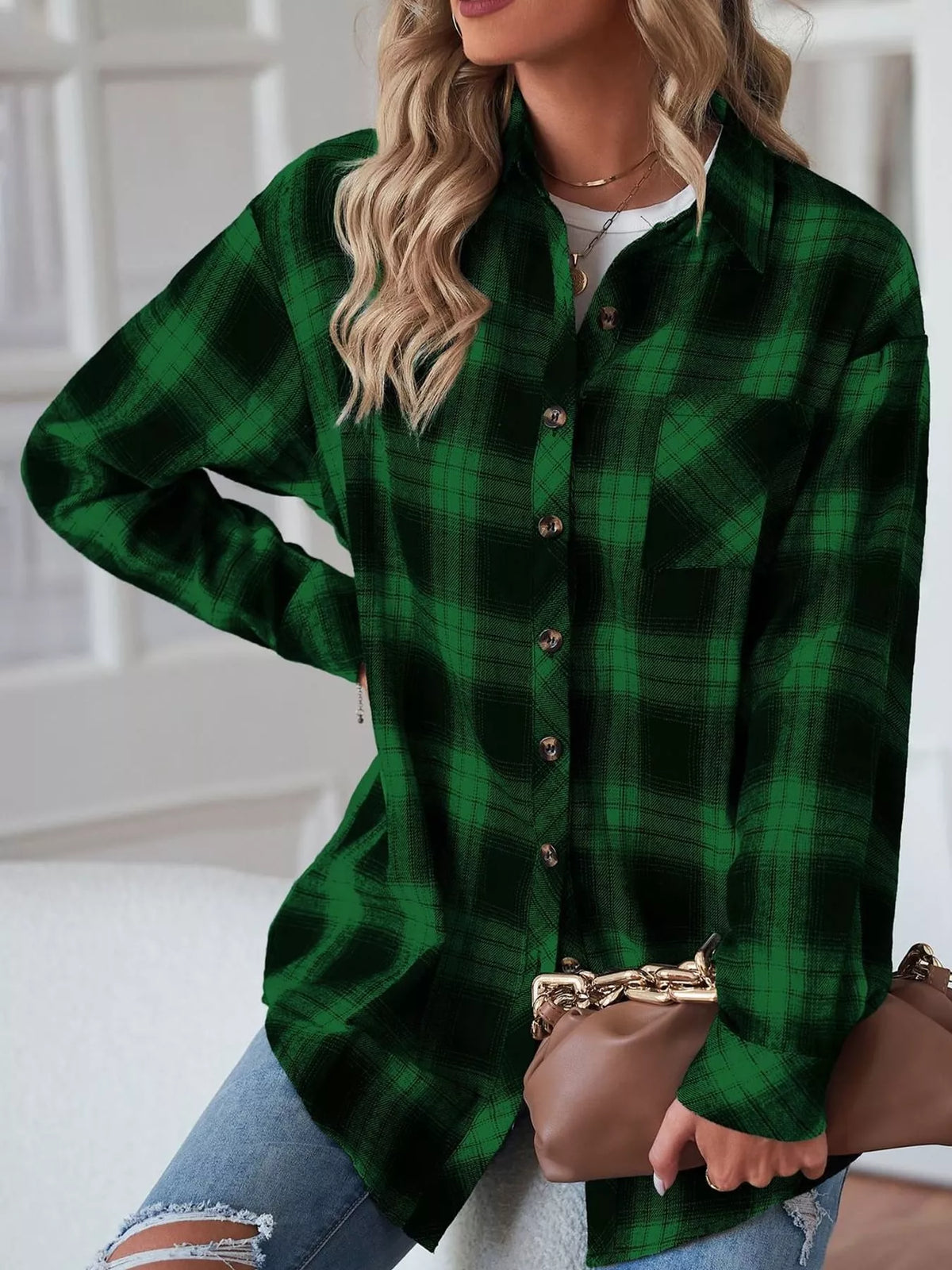 Plaid Button-Down Oversized Shirt - Green - View 15