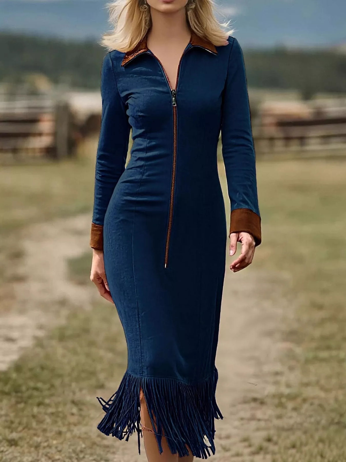 Full Size Fringe Hem Zip Front Midi Dress Plus Size - Navy Blue - View 1