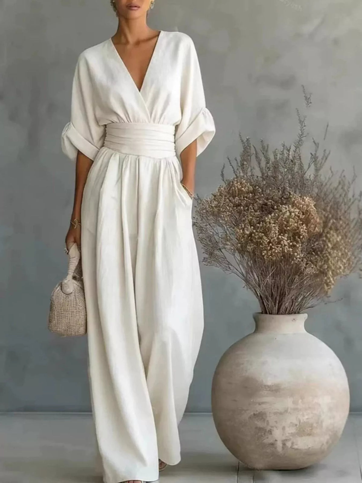 Full Size Half Sleeve Wide-Leg Jumpsuit Plus Size - White - View 1