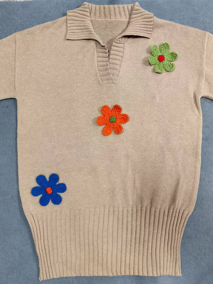 Plus Size Floral Applique Ribbed Hem Sweater Dress - Khaki - View 6