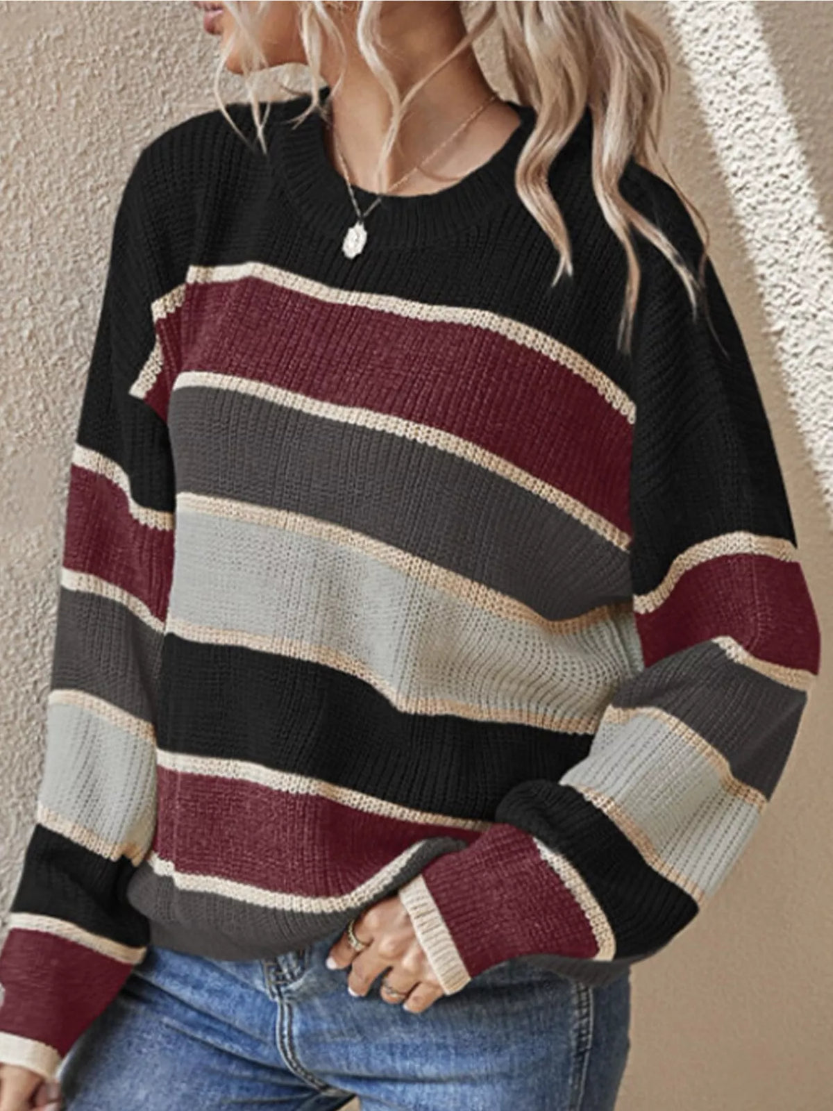 Color Block Striped Crew Neck Sweater - Black - View 2