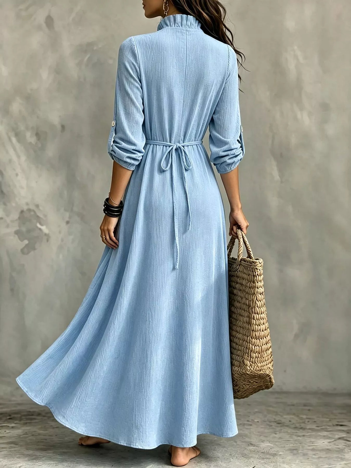 Full Size V-Neck Maxi Dress with Roll-Up Sleeves Plus Size - Sky Blue - View 2