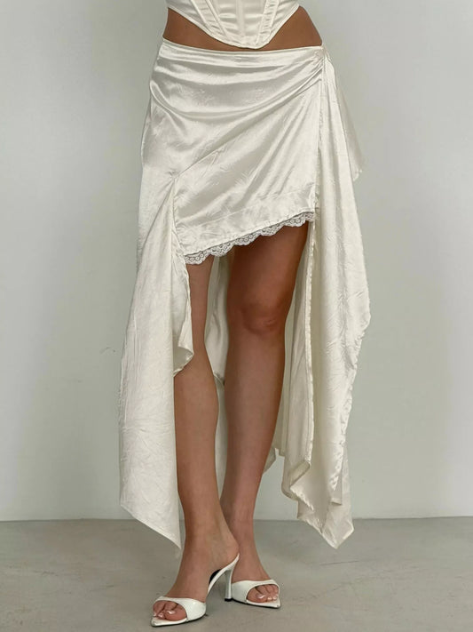 Satin High-Low Lace Trim Skirt - Apricot - View 1