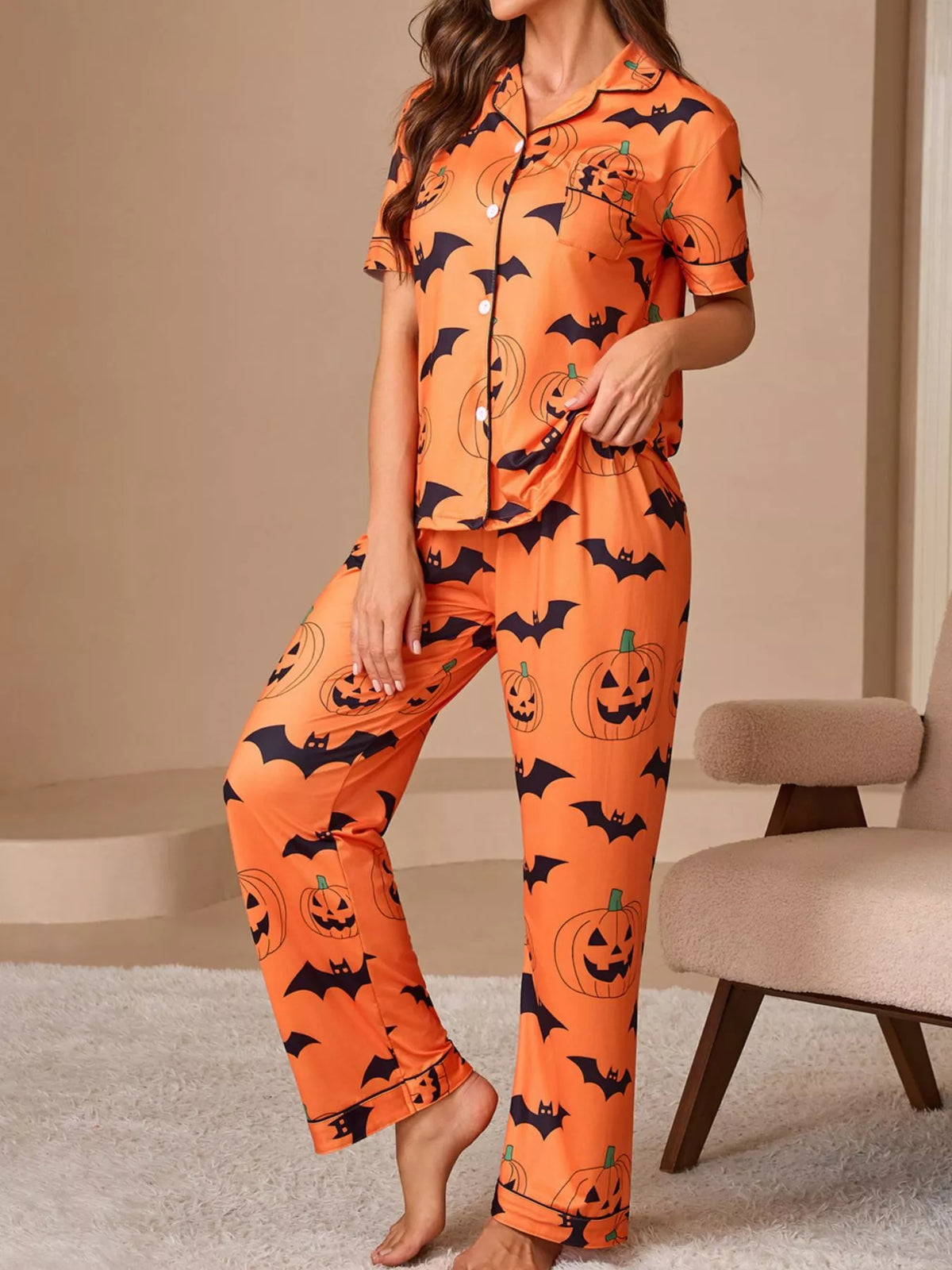 Halloween Pumpkin and Bat Print Button-Down Top and Pants Lounge Set - Orange - View 4