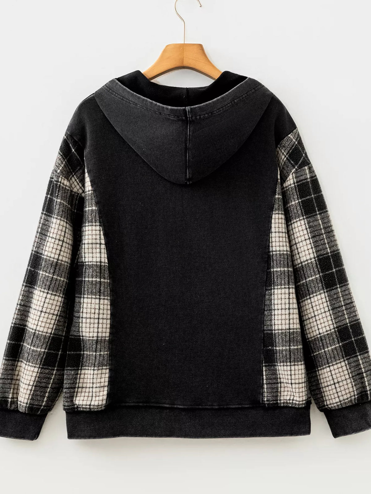 Plaid Sleeve Drawstring Pocket Hoodie - Black - View 26
