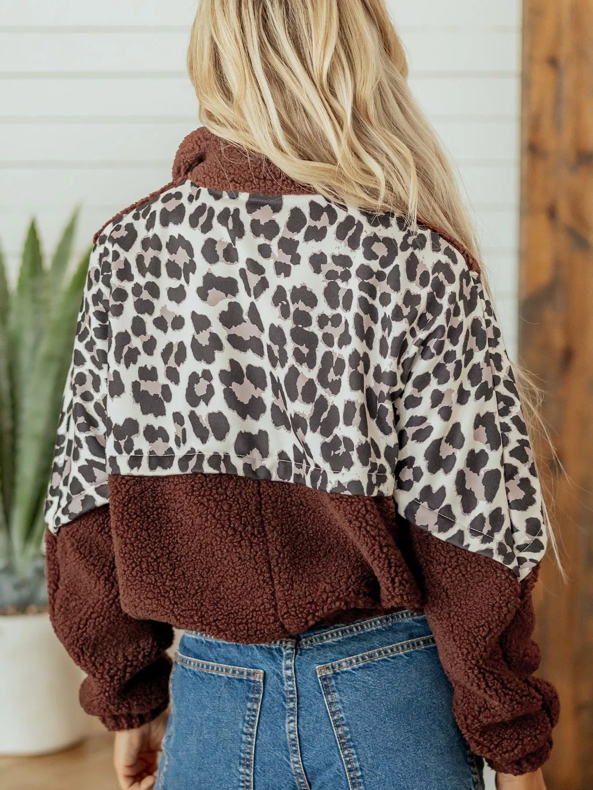 Leopard Patchwork Fleece Western Style Zip-up Collar Jacket - Brown - View 6