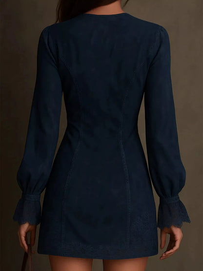 Full Size Zip-Front Long Sleeve Mini Dress Plus Size - Navy Blue - View 4