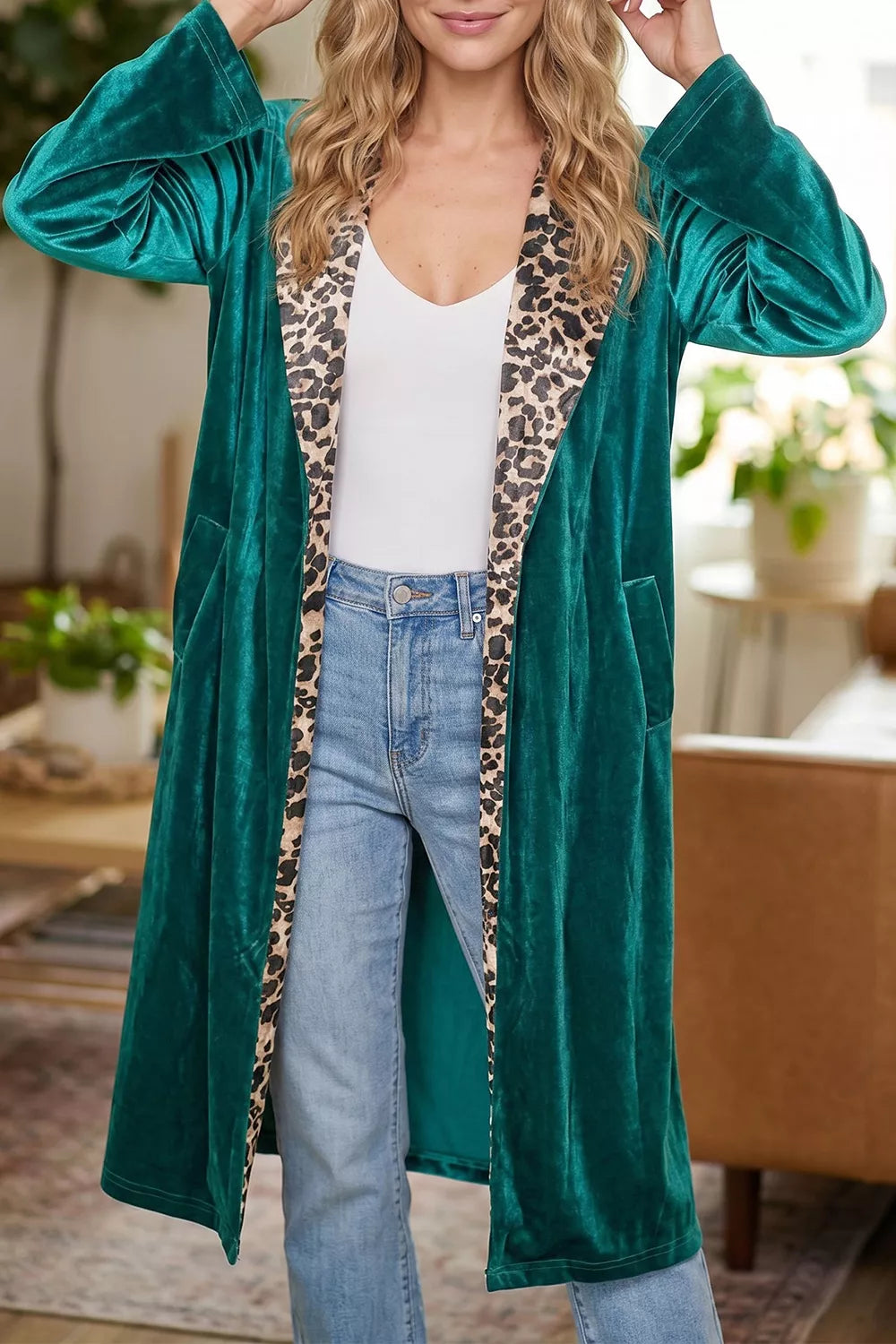 Velvet Contrast Leopard Print Lapel Collar Open Front Cardigan - Deep Teal - View 1