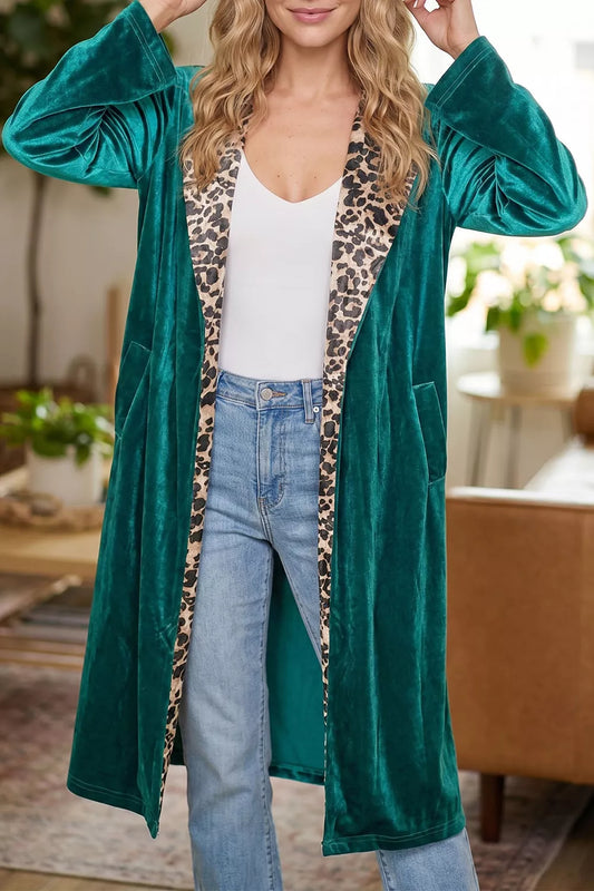 Velvet Contrast Leopard Print Lapel Collar Open Front Cardigan - Deep Teal - View 1