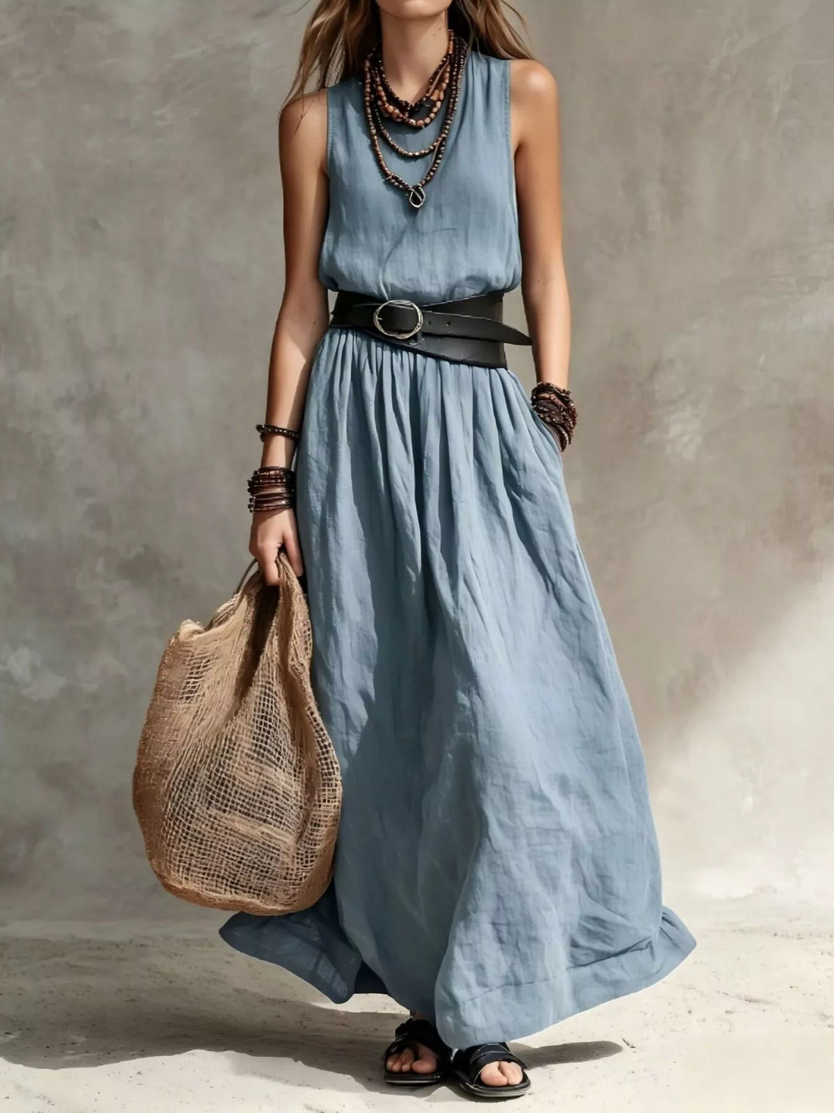 Full Size Round Neck Sleeveless Maxi Dress Plus Size - Peacock Blue - View 1