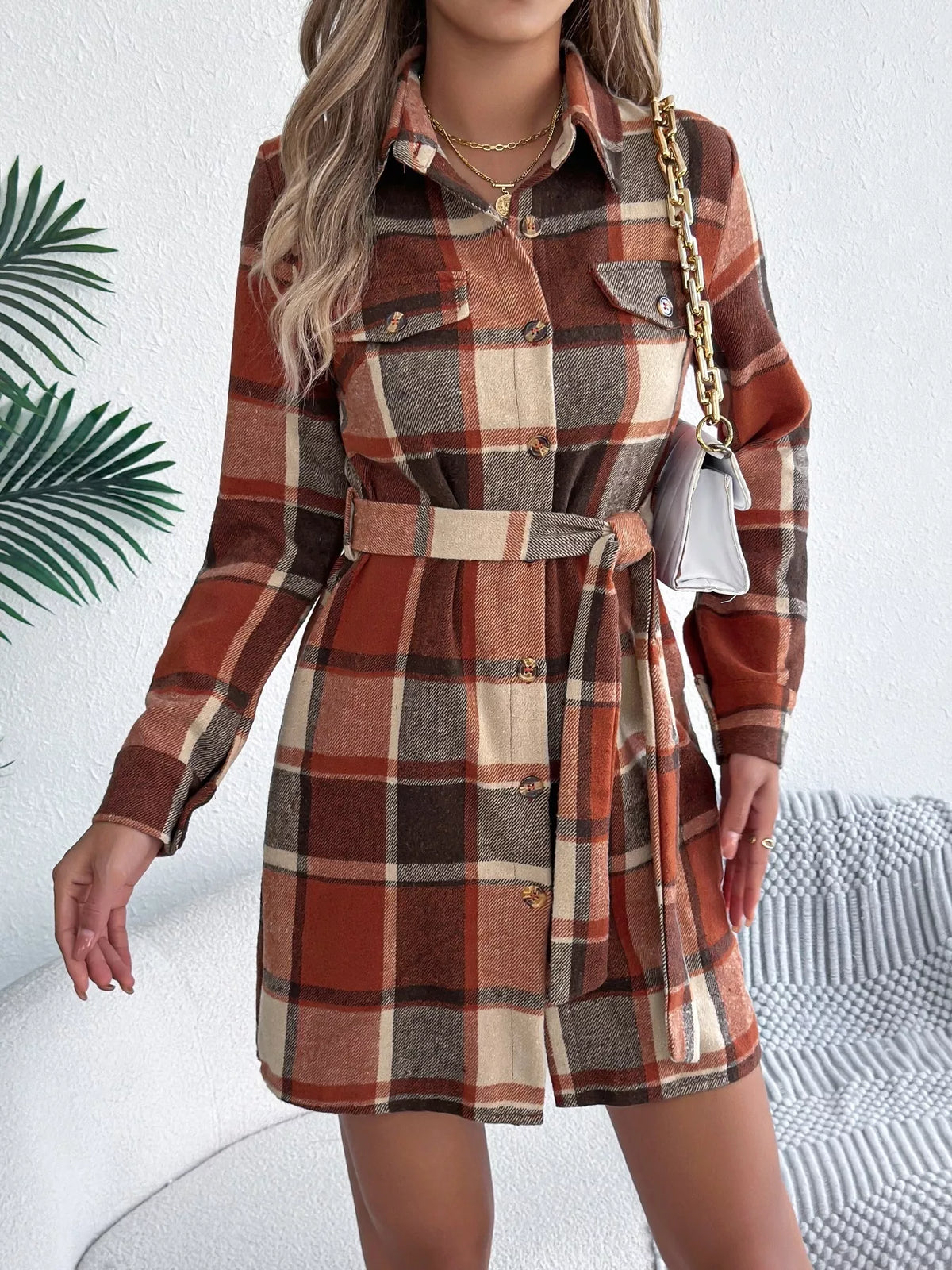 Plaid Button Front Tie Waist Shirt Dress - Orange - View 13