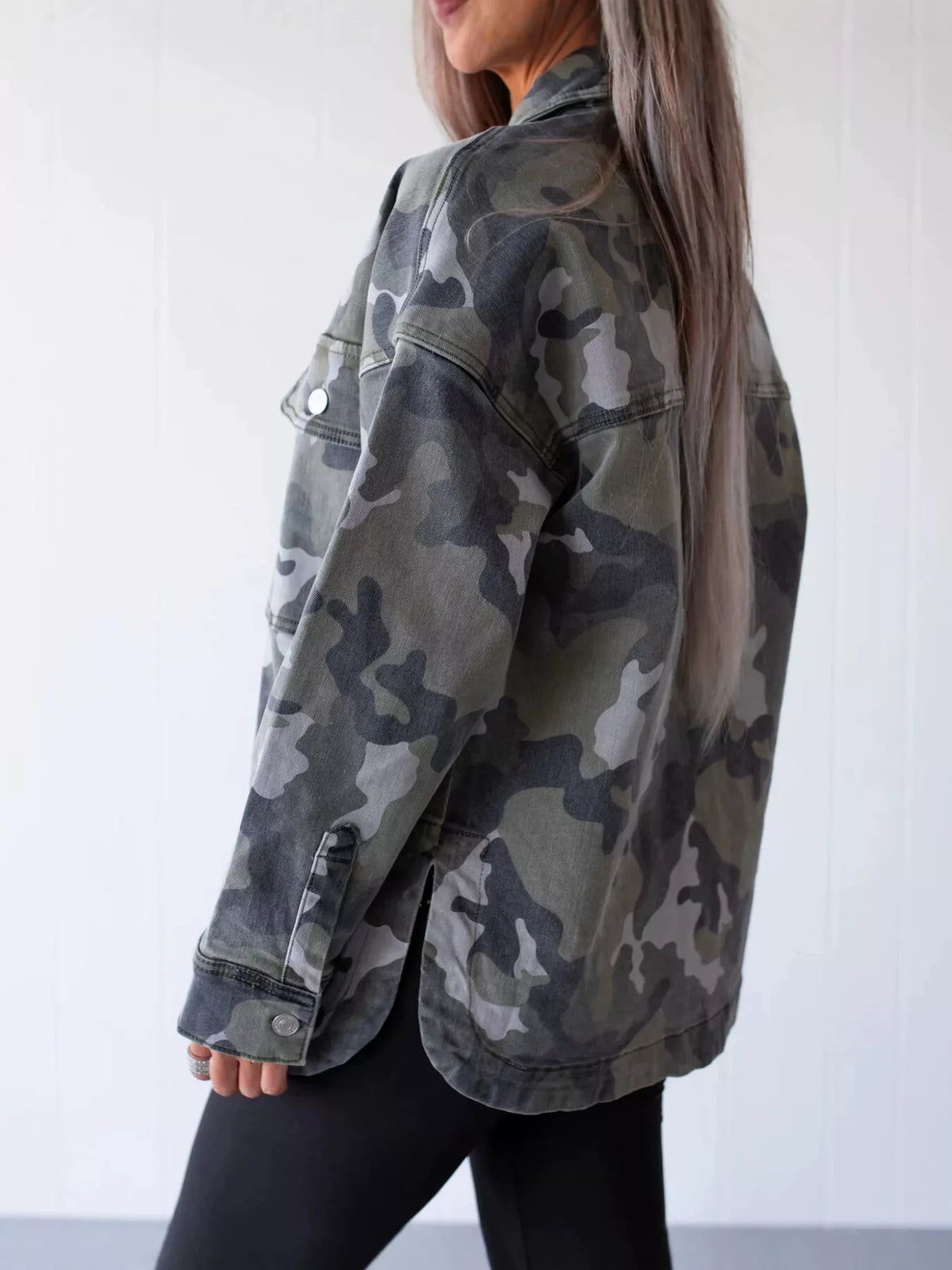 Oversized Camouflage Print Button Up Denim Jacket - Olive Green - View 4