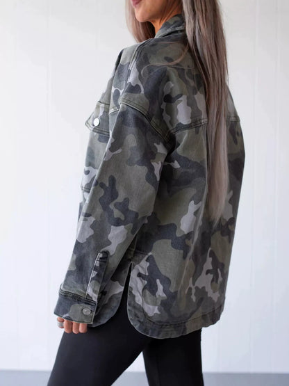 Oversized Camouflage Print Button Up Denim Jacket - Olive Green - View 4