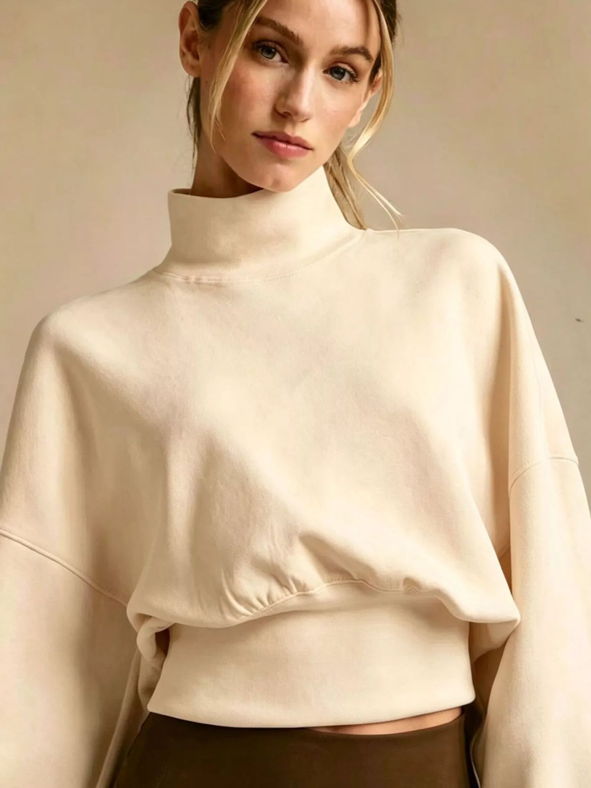 Turtleneck Dropped Shoulder Sweatshirt - Apricot - View 1