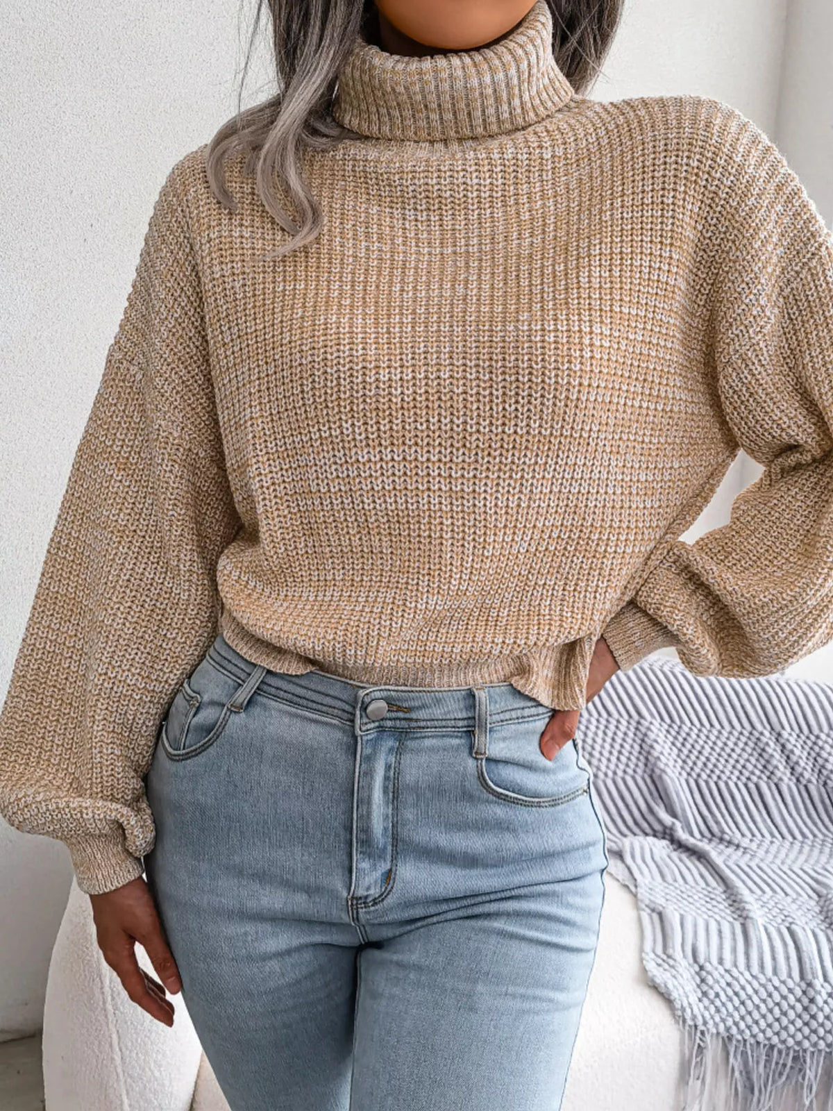 Turtleneck Dropped Shoulder Sweater - Beige - View 3