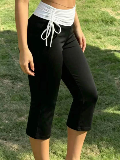 High-Waisted Ruched Drawstring Capri Pants - Black - View 1