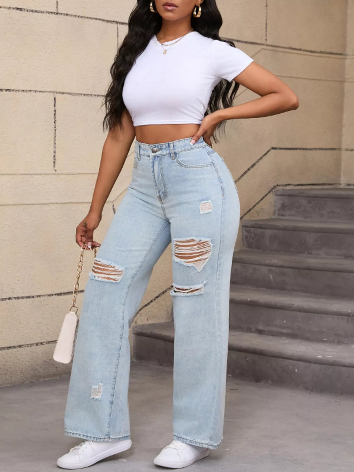 Distressed Wide-Leg Jeans - White Blue - View 2