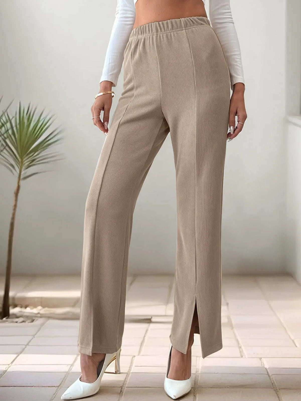 High-Waisted Slit Pants - Khaki - View 3
