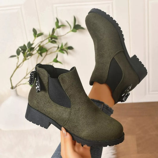 Round Toe Block Heels Boots - Army Green - View 2