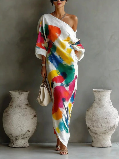 Full Size One-Shoulder Abstract Print Loose Fit Maxi Dress Plus Size - White - Original supplier view 1