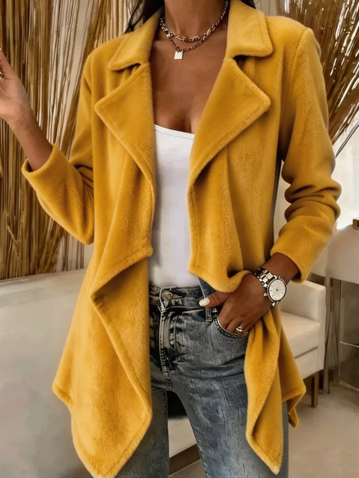 Full Size Fleece Waterfall Collar Outerwear Plus Size - Yellow - View 11