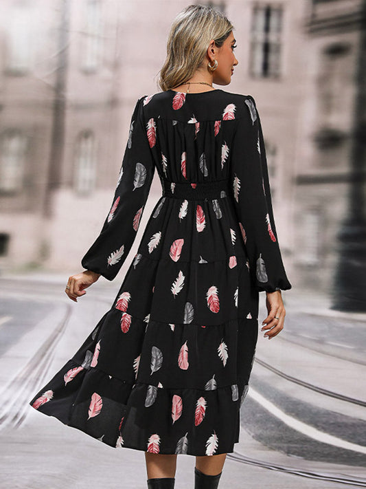Perfee Printed V-Neck Slit Dress - Black - View 2