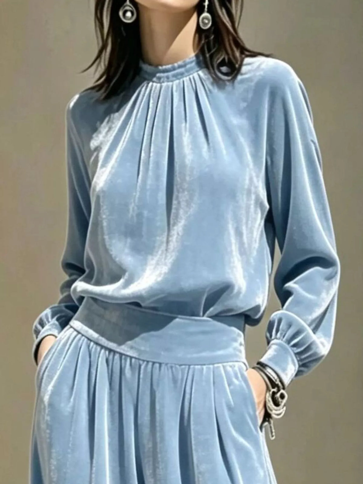 Velvet Mock Neck Long Sleeve Top and Wide-Leg Pants Set - Light Blue - View 2