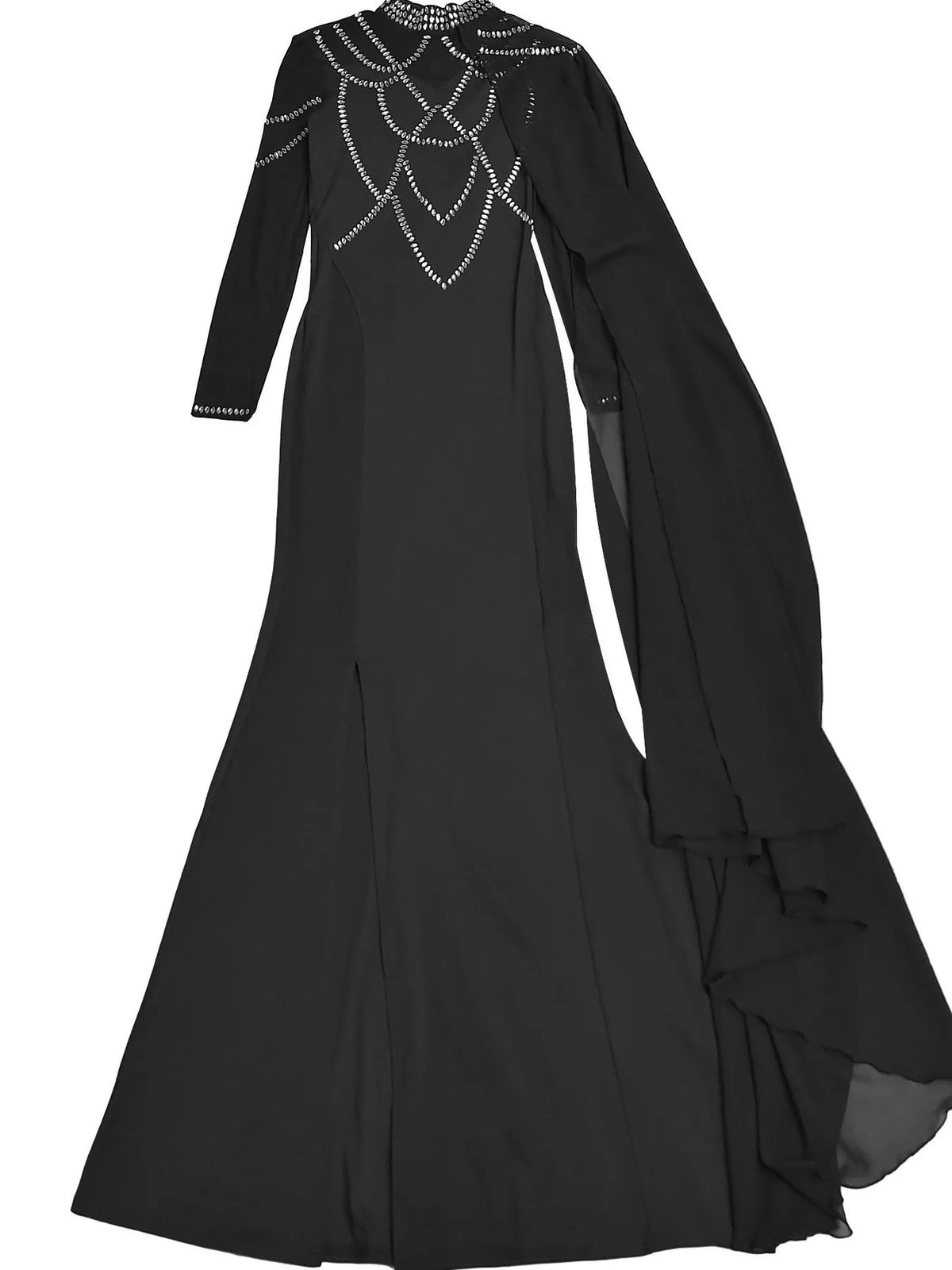 Rhinestone Slit Maxi Dress with Sheer Cape Sleeves - Silver - View 7