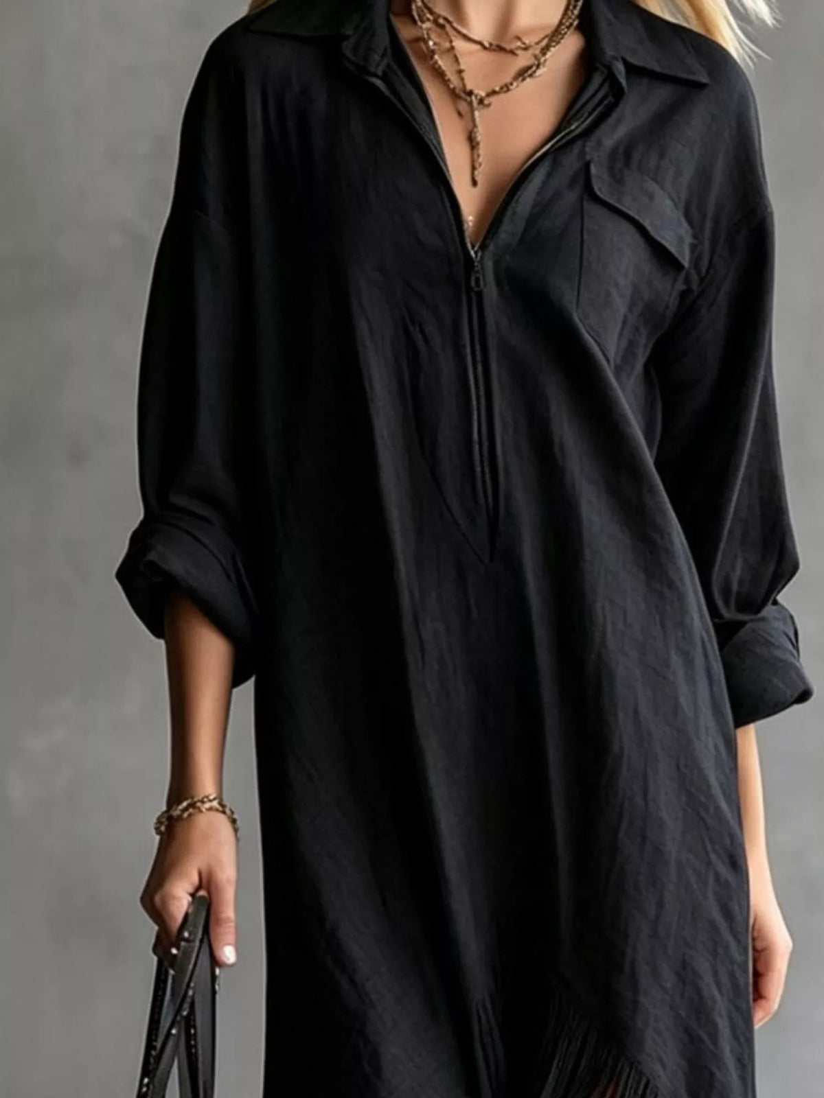 Zipper-Front Fringe Hem Midi Dress - Black - View 3