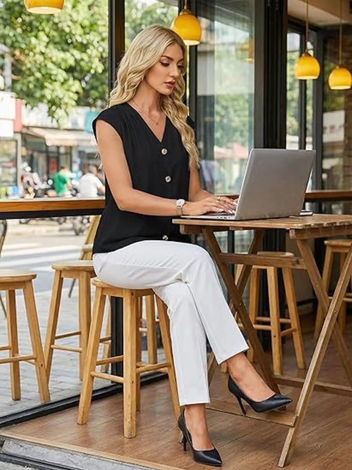 V-Neck Button-Down Shirt - Black - View 5