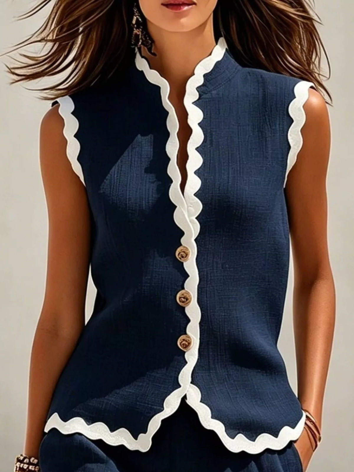 Full Size Contrast Scalloped Trim Sleeveless Top and Shorts Set Plus Size - Dark Navy - View 2