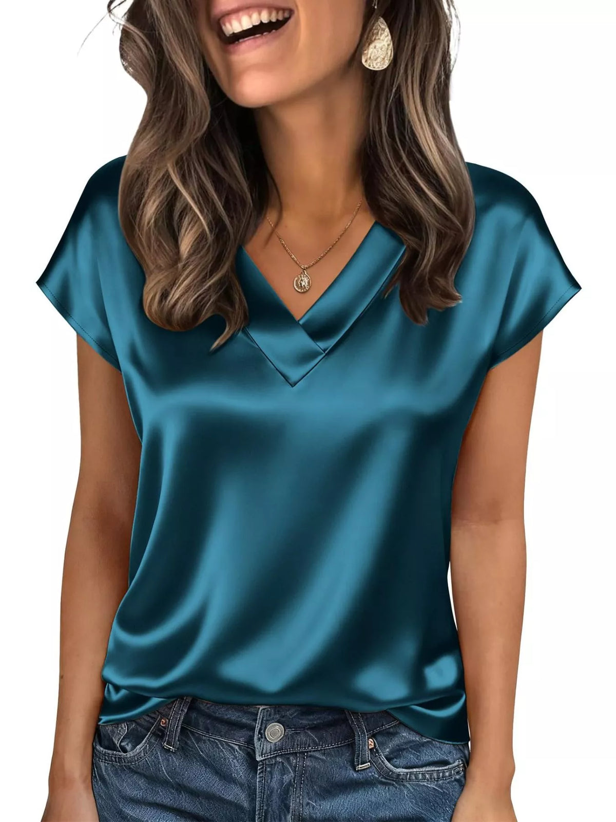 Satin V-Neck Cap Sleeve Blouse - Blue - View 1