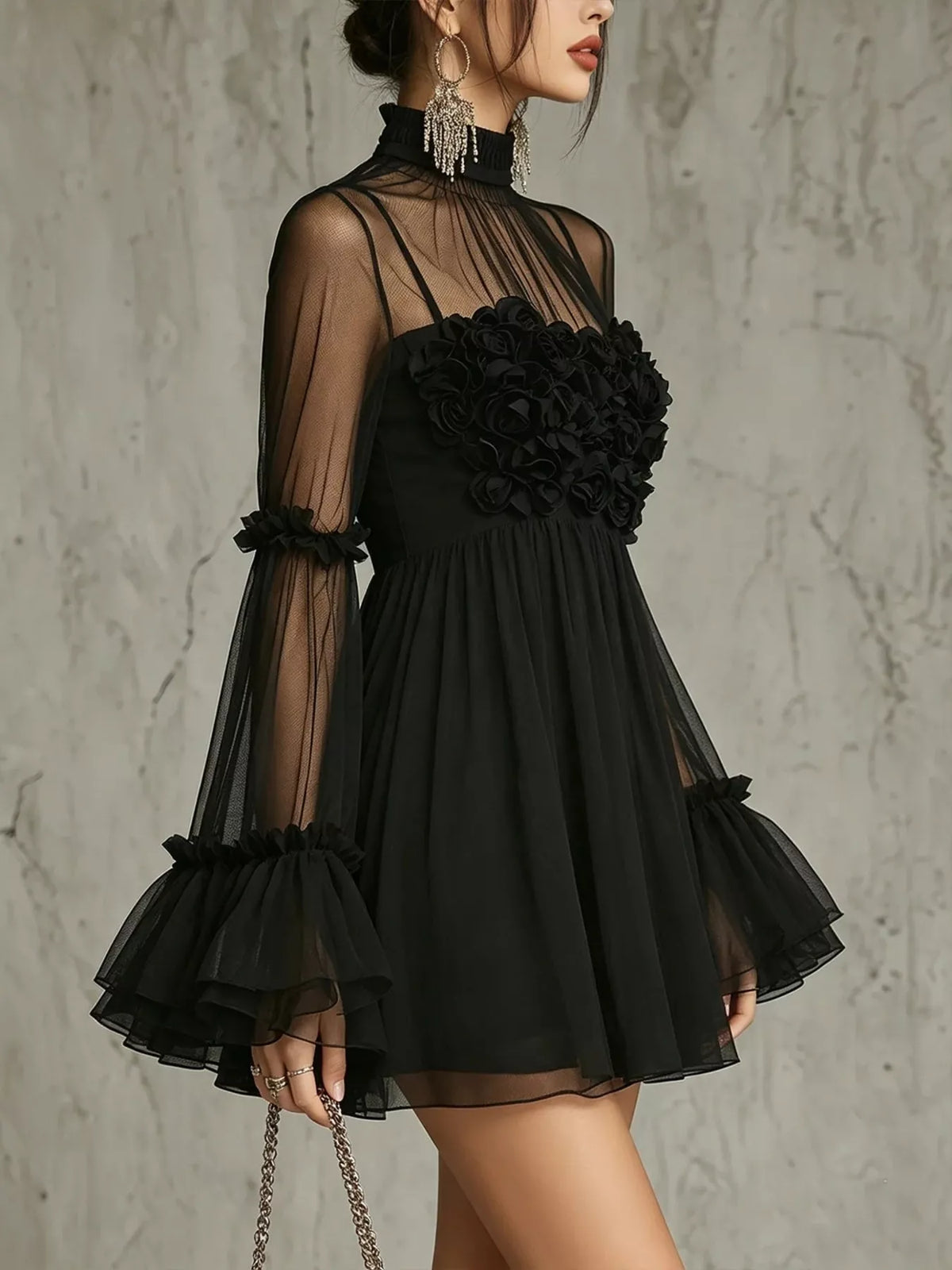 Sheer Mesh Flare Sleeve Mini Dress - Black - View 3