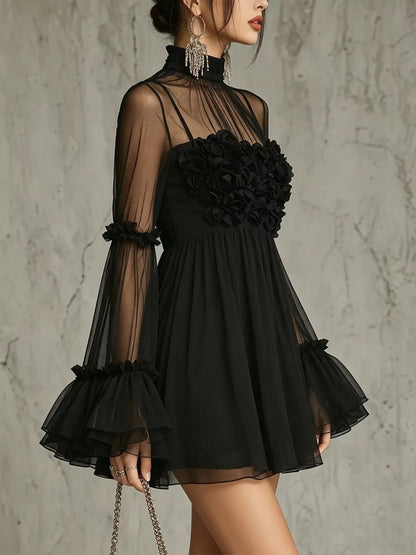 Sheer Mesh Flare Sleeve Mini Dress - Black - View 3